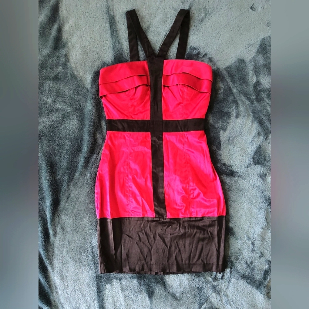 Fuschia and black halter dress